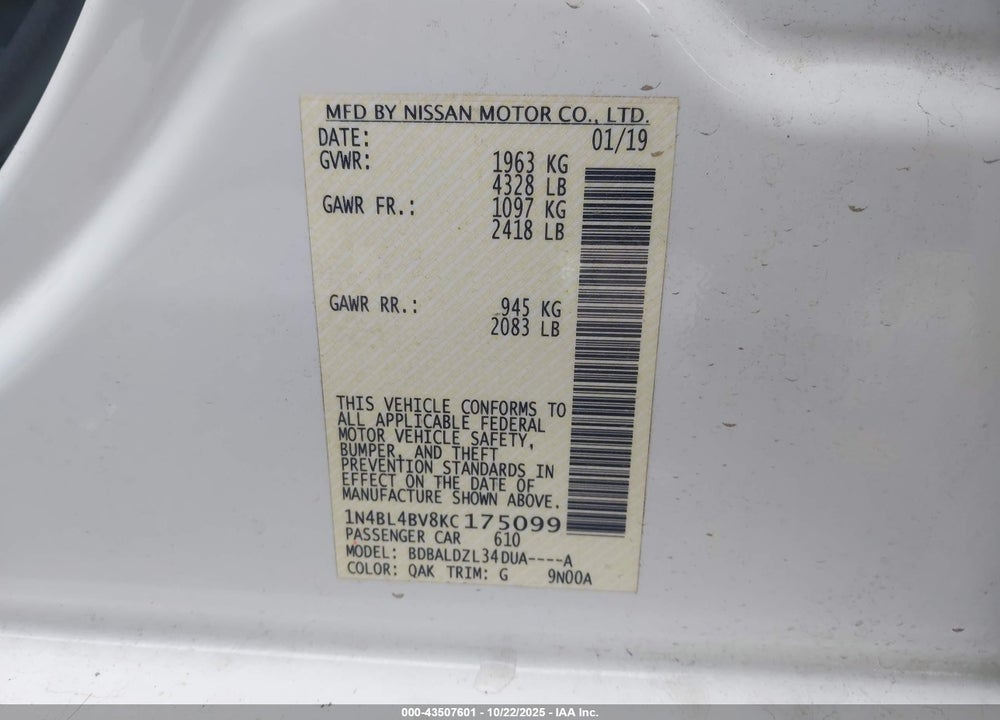 2019 NISSAN ALTIMA 2.5 S VIN: 1N4BL4BV8KC175099