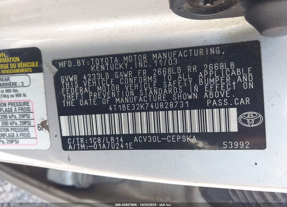 2004 TOYOTA CAMRY SE VIN: 4T1BE32K74U828731