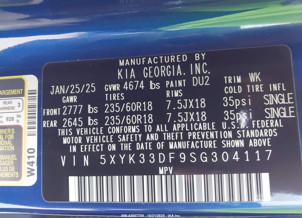2025 KIA SPORTAGE EX VIN: 5XYK33DF9SG304117