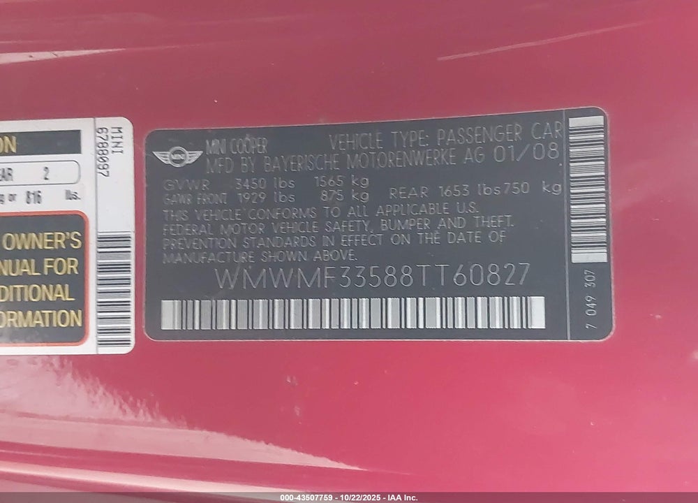 2008 MINI COOPER VIN: WMWMF33588TT60827