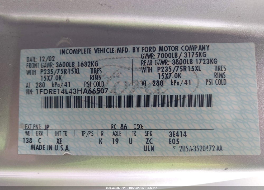 2003 FORD E-150 RECREATIONAL VIN: 1FDRE14L43HA66507
