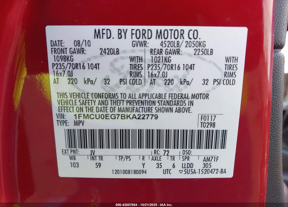 2011 FORD ESCAPE LIMITED VIN: 1FMCU0EG7BKA22779