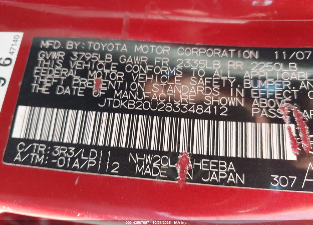 2008 TOYOTA PRIUS VIN: JTDKB20U283348412