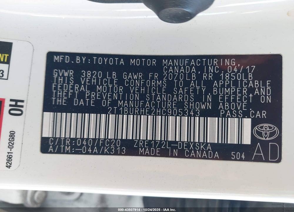 2017 TOYOTA COROLLA SE VIN: 2T1BURHE2HC905343