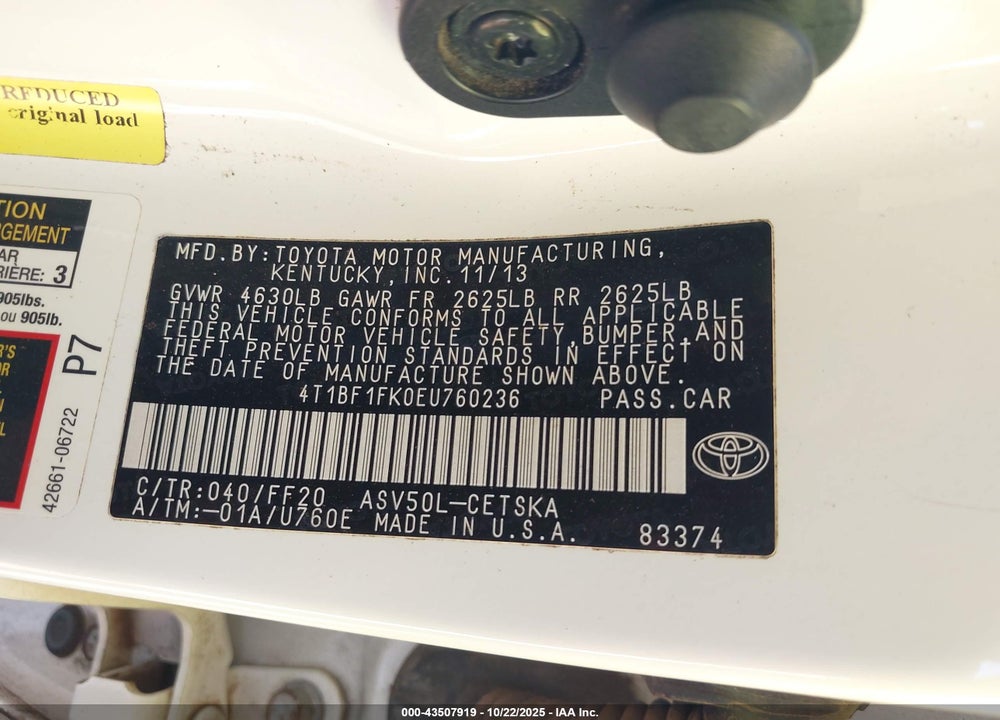 2014 TOYOTA CAMRY SE VIN: 4T1BF1FK0EU760236
