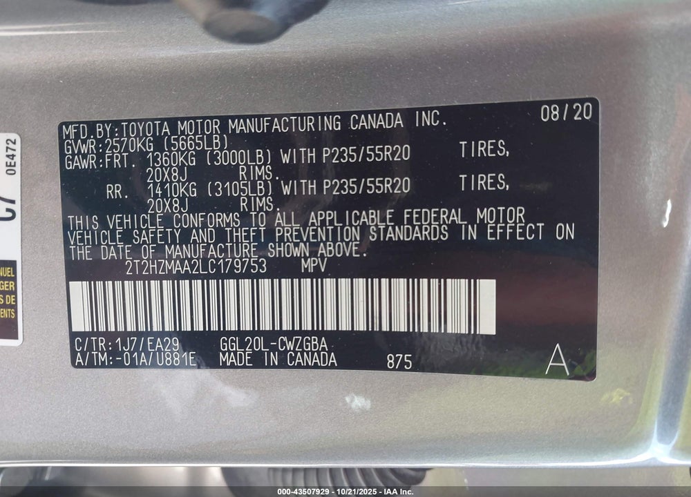 2020 LEXUS RX 350 VIN: 2T2HZMAA2LC179753