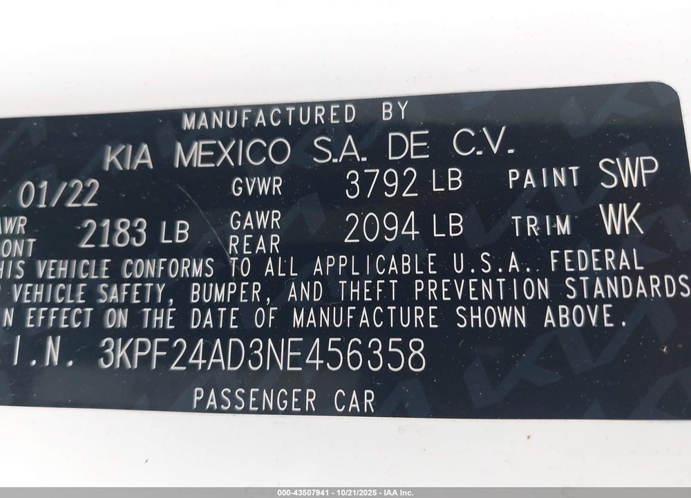 2022 KIA FORTE LXS VIN: 3KPF24AD3NE456358