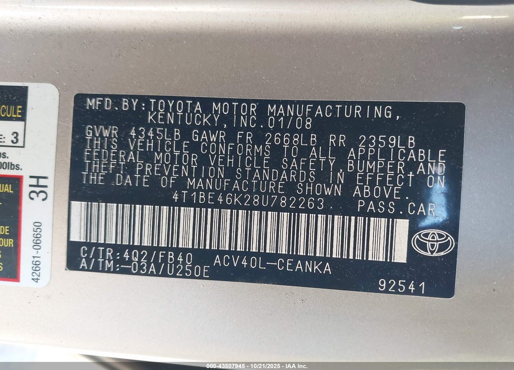2008 TOYOTA CAMRY LE VIN: 4T1BE46K28U782263