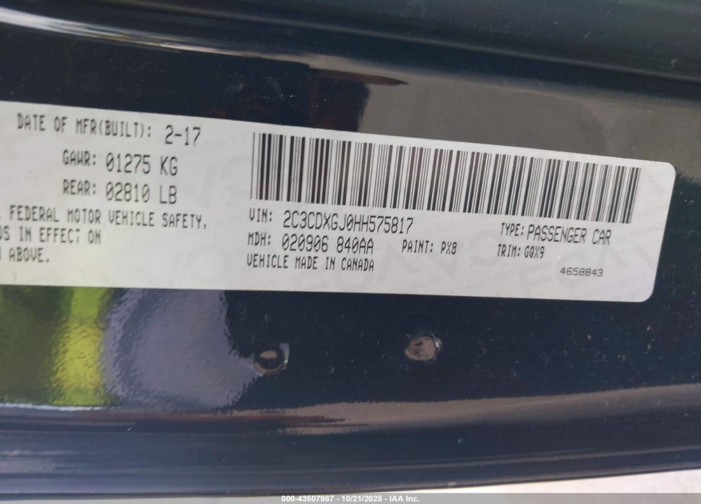 2017 DODGE CHARGER VIN: 2C3CDXGJ0HH575817