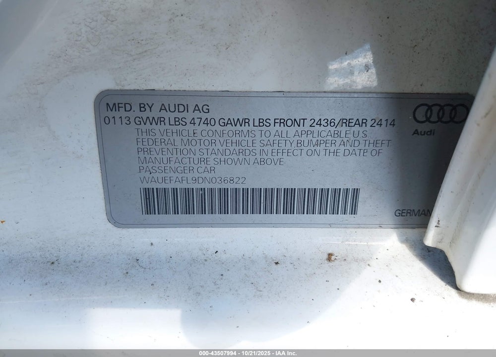 2013 AUDI A4 2.0T PREMIUM VIN: WAUEFAFL9DN036822