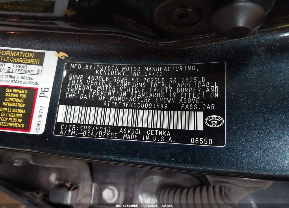 2012 TOYOTA CAMRY LE VIN: 4T1BF1FK0CUO91589