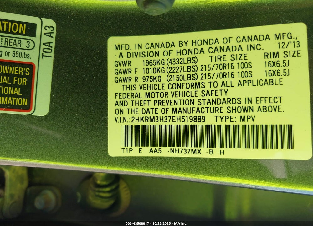 2014 HONDA CR-V LX VIN: 2HKRM3H37EH519889