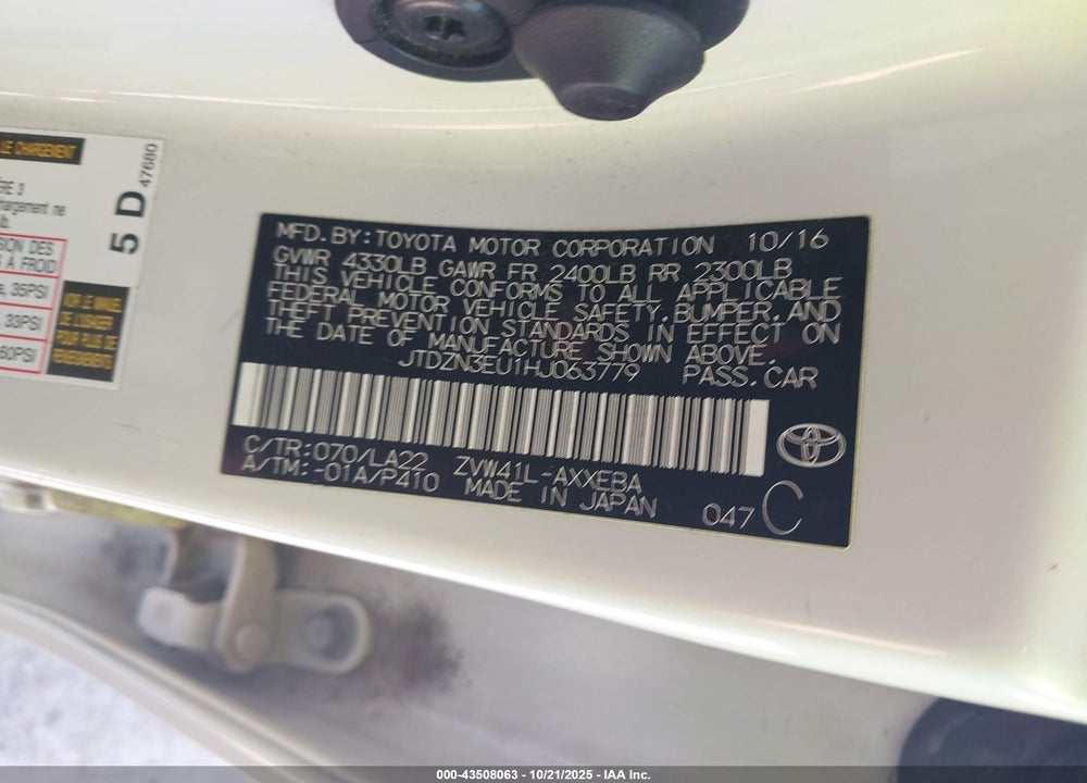 2017 TOYOTA PRIUS V FOUR VIN: JTDZN3EU1HJ063779