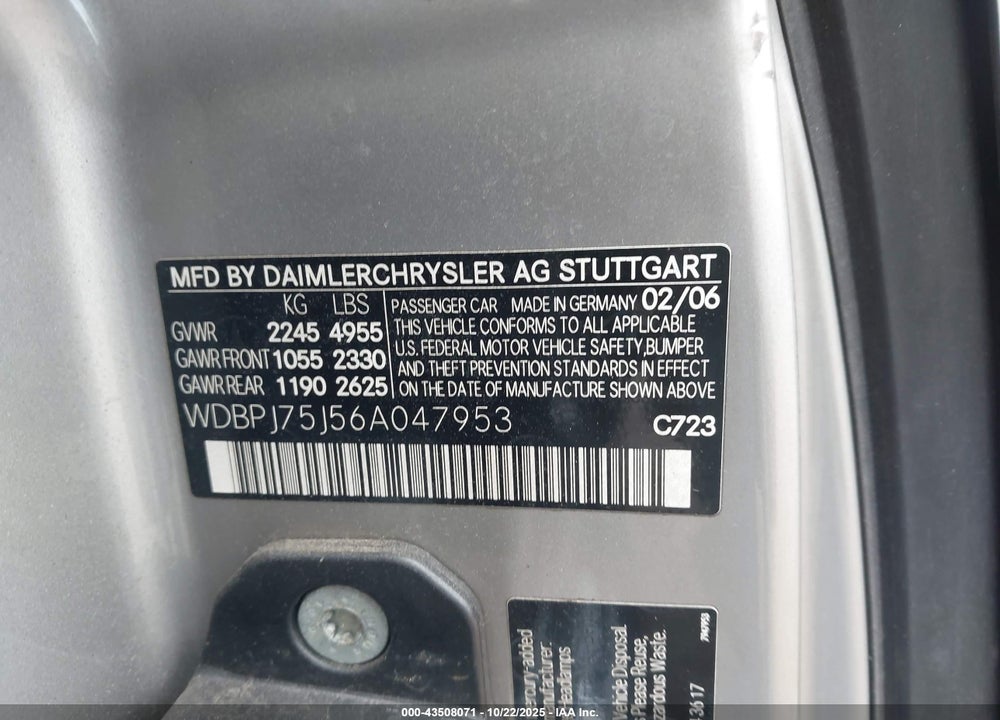 2006 MERCEDES-BENZ CL 500 VIN: WDBPJ75J56A047953