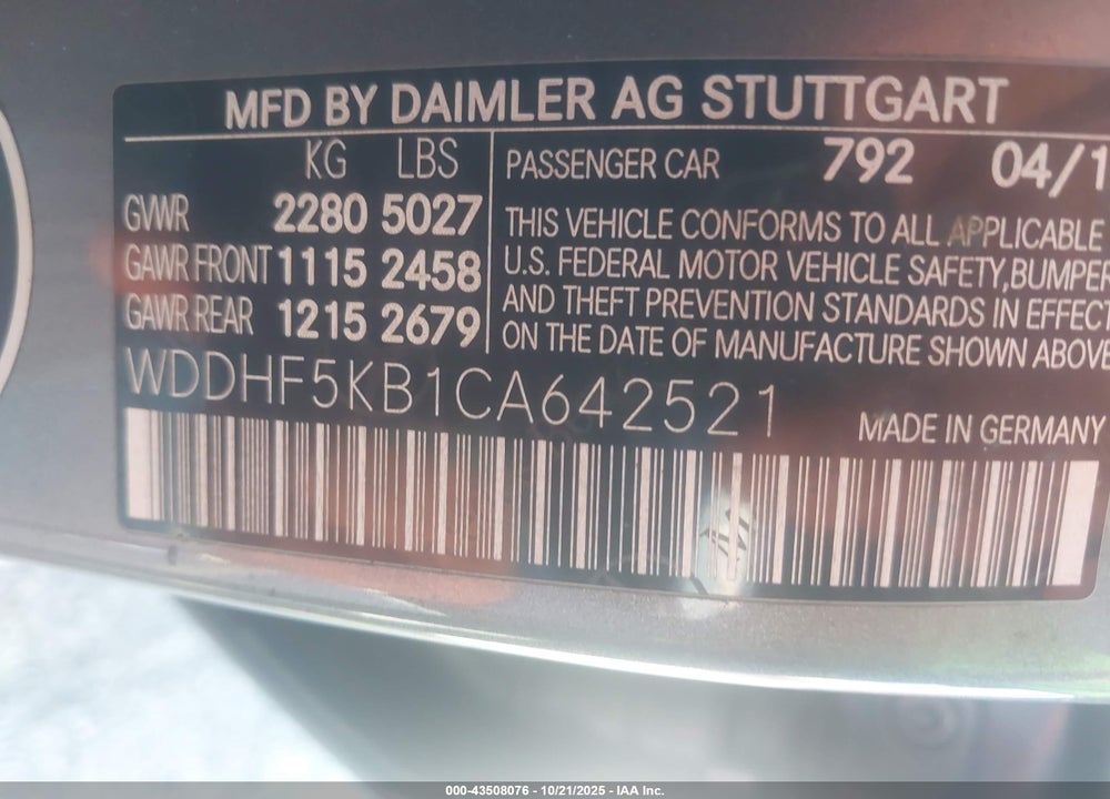 2012 MERCEDES-BENZ E-CLASS VIN: WDDHF5KB1CA642521