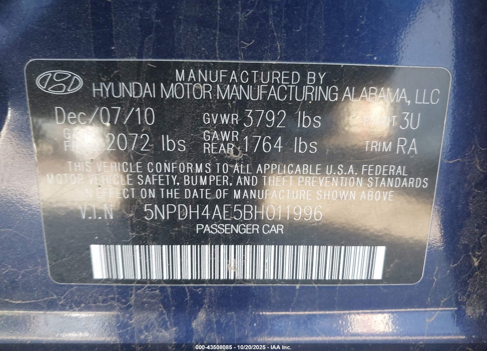 2011 HYUNDAI ELANTRA VIN: 5NPDH4AE5BH011996