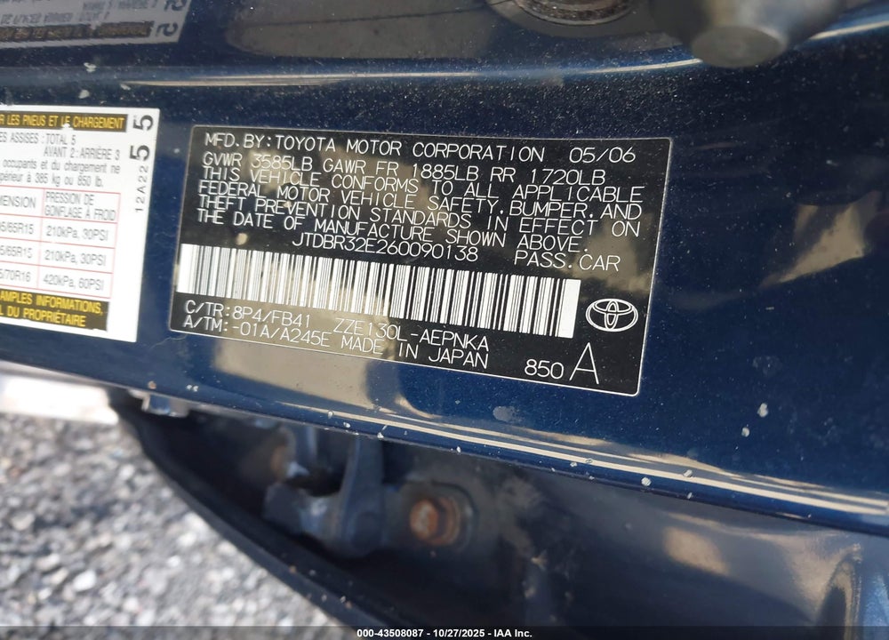 2006 TOYOTA COROLLA VIN: JTDBR32E260090138