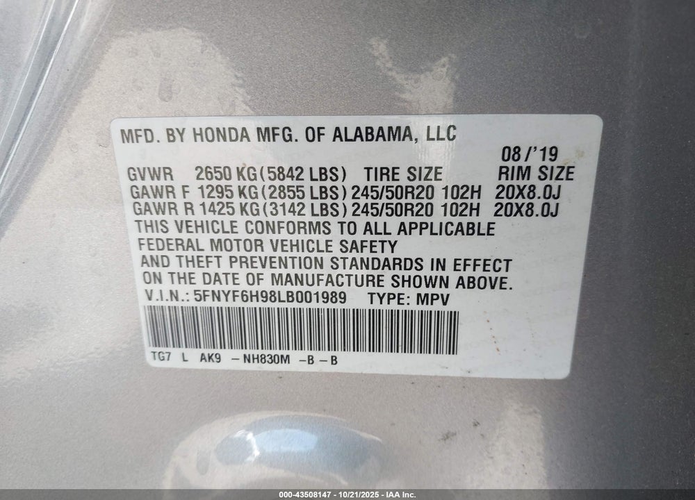 2020 HONDA PILOT VIN: 5FNYF6H98LB001989