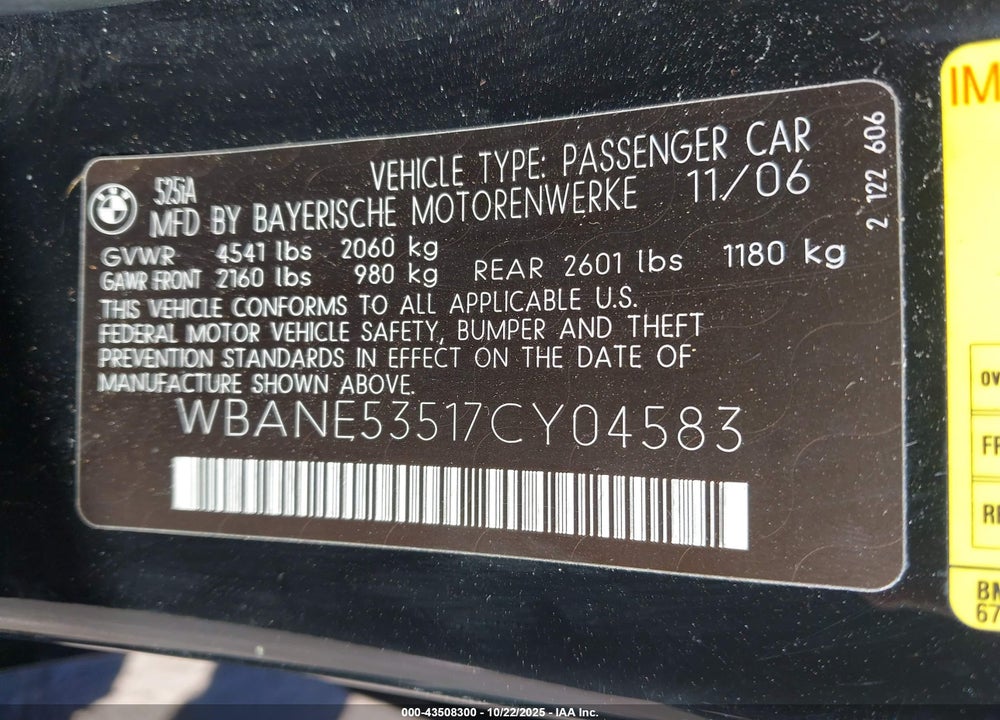 2007 BMW 5 SERIES VIN: WBANE53517CY04583