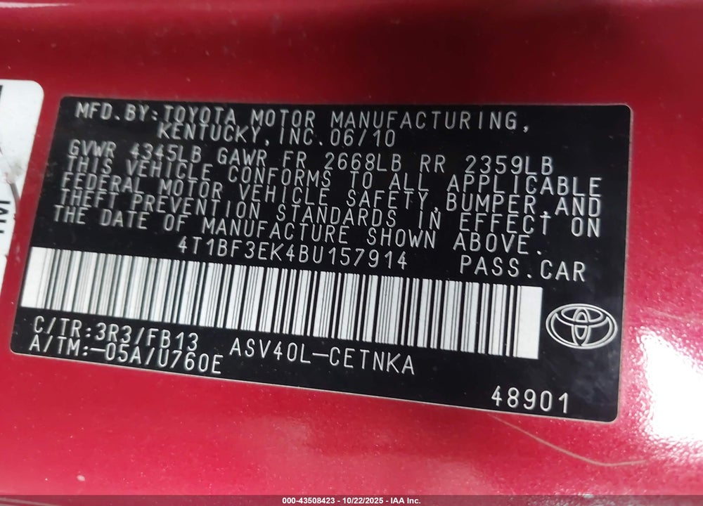 2011 TOYOTA CAMRY LE VIN: 4T1BF3EK4BU157914
