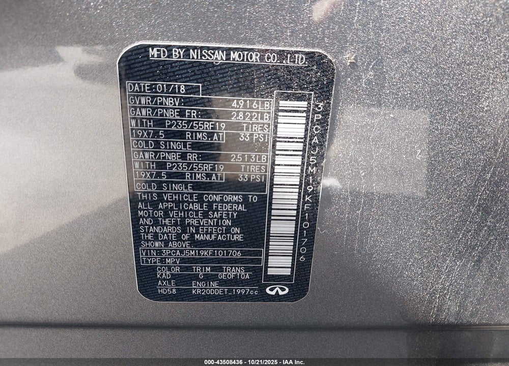 2019 INFINITI QX50 ESSENTIAL VIN: 3PCAJ5M19KF101706