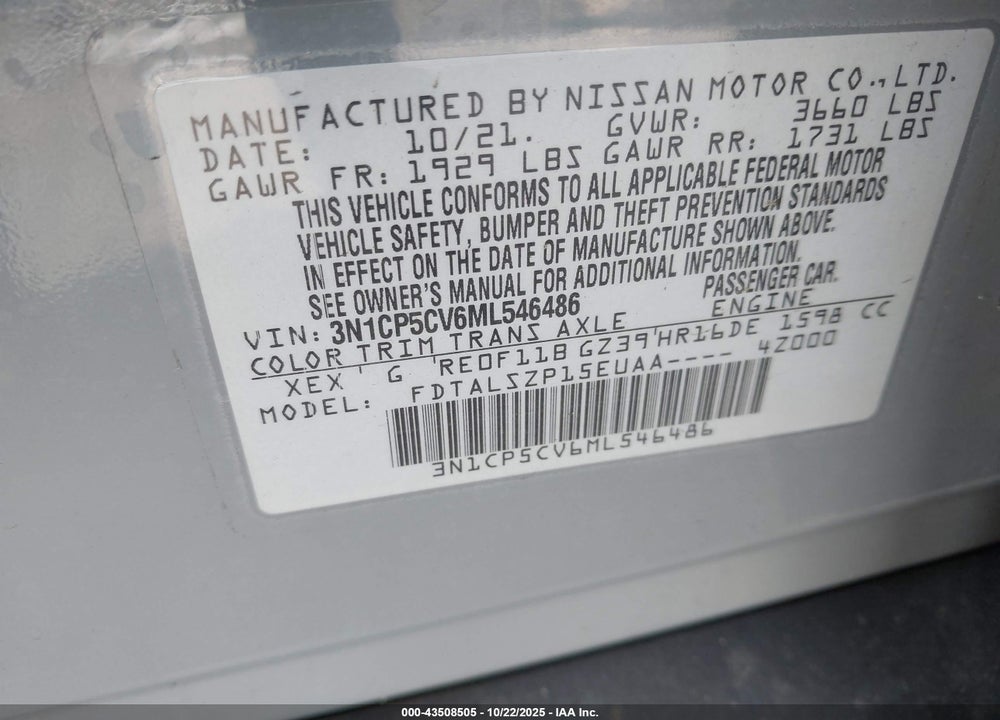 2021 NISSAN KICKS VIN: 3N1CP5CV6ML546486