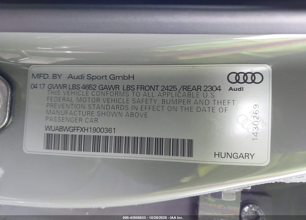 2017 AUDI RS 3 2.5T VIN: WUABWGFFXH1900361