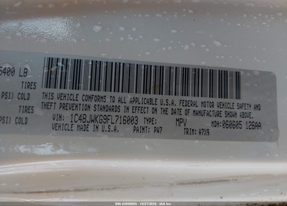 2015 JEEP WRANGLER UNLIMITED VIN: 1C4BJWKG9FL716003