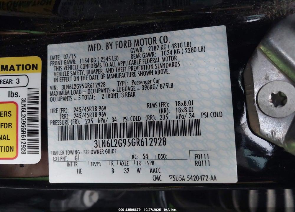 2016 LINCOLN MKZ VIN: 3LN6L2G95GR612928