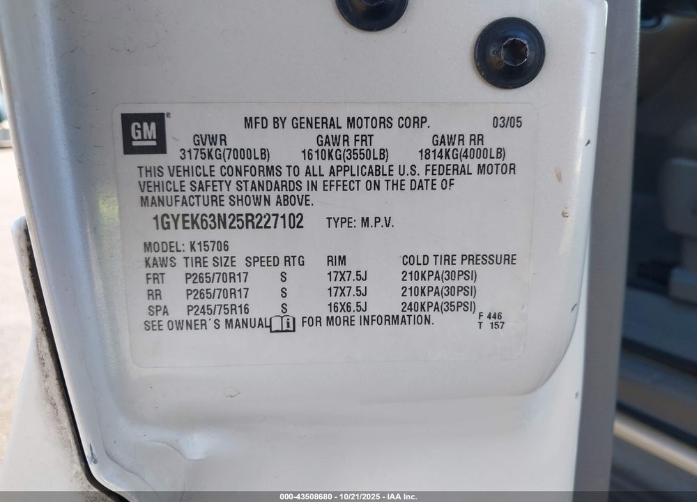 2005 CADILLAC ESCALADE STANDARD VIN: 1GYEK63N25R227102