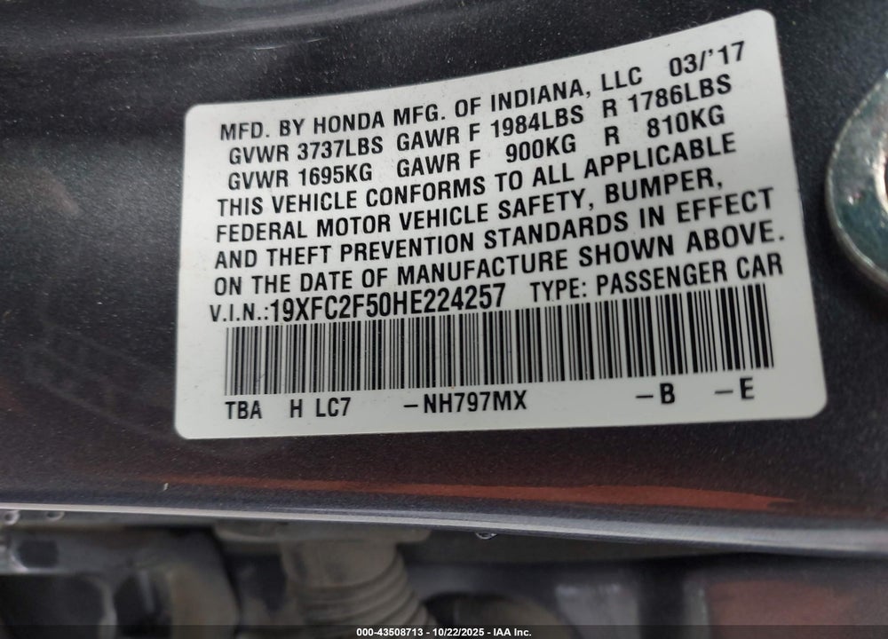 2017 HONDA CIVIC LX VIN: 19XFC2F50HE224257