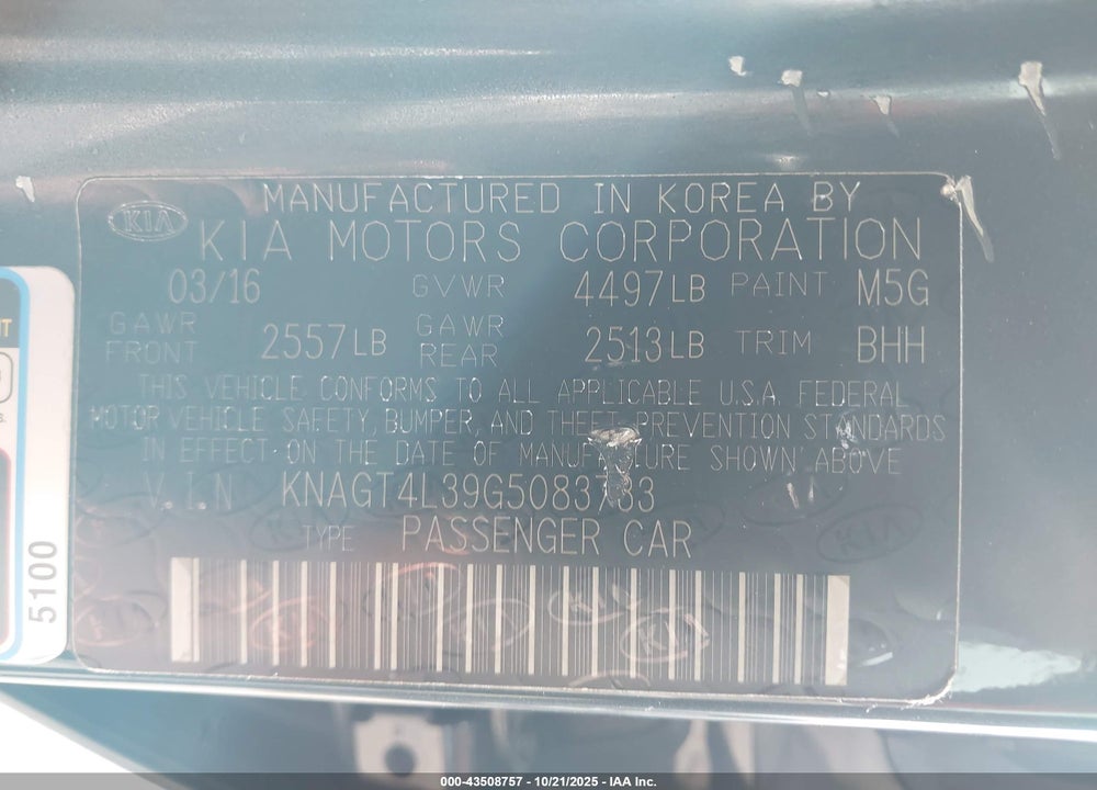 2016 KIA OPTIMA VIN: KNAGT4L39G5083733