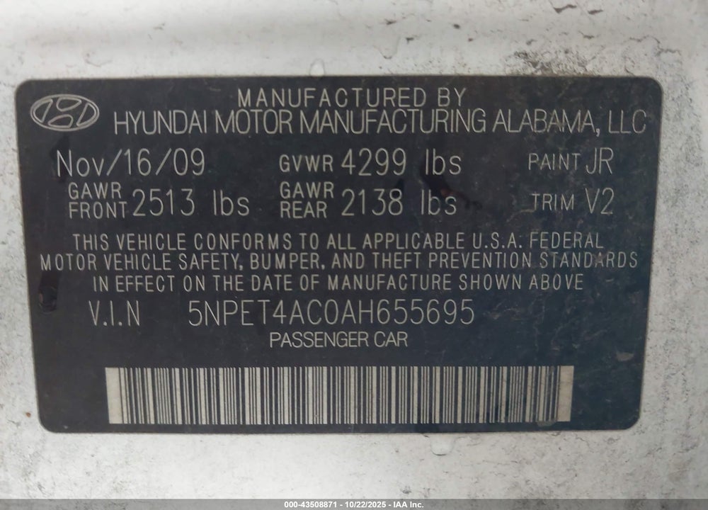 2010 HYUNDAI SONATA VIN: 5NPET4AC0AH655695