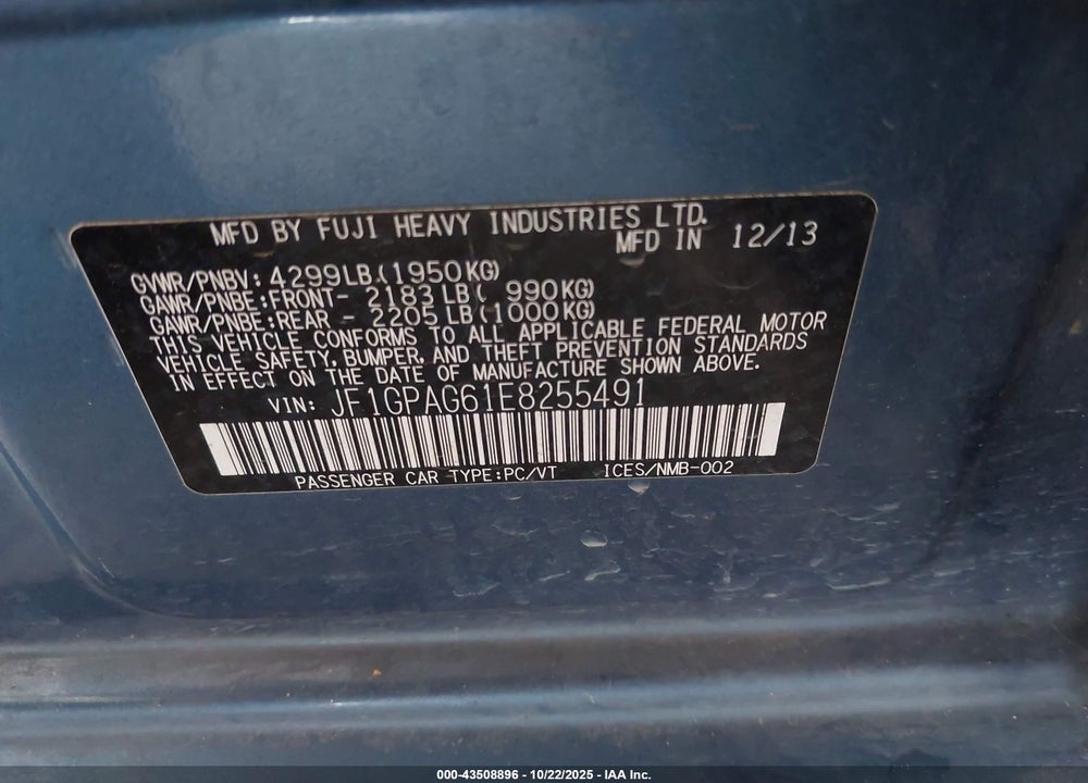 2014 SUBARU IMPREZA VIN: JF1GPAG61E8255491