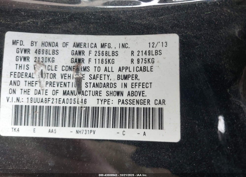 2014 ACURA TL VIN: 19UUA8F21EA005846