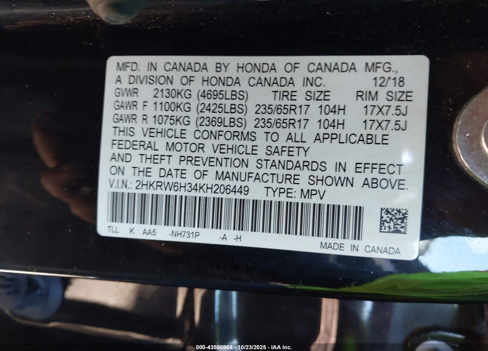 2019 HONDA CR-V LX VIN: 2HKRW6H34KH206449