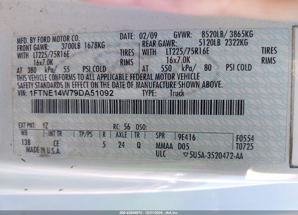 2009 FORD E-150 COMMERCIAL/RECREATIONAL VIN: 1FTNE14W79DA51092
