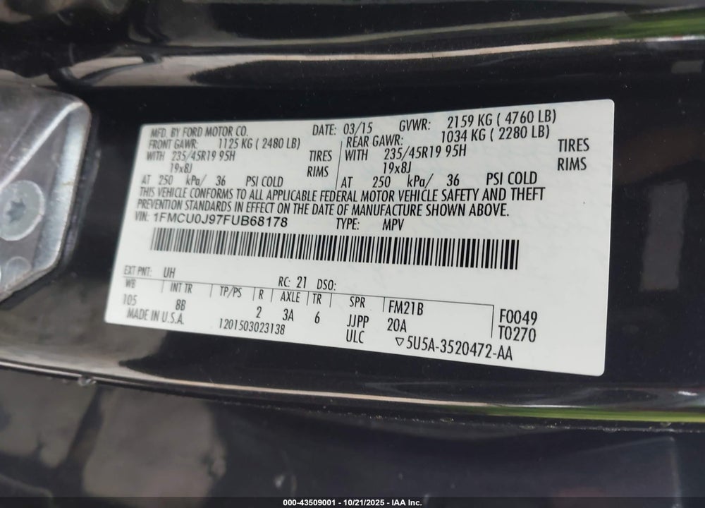 2015 FORD ESCAPE VIN: 1FMCU0J97FUB68178