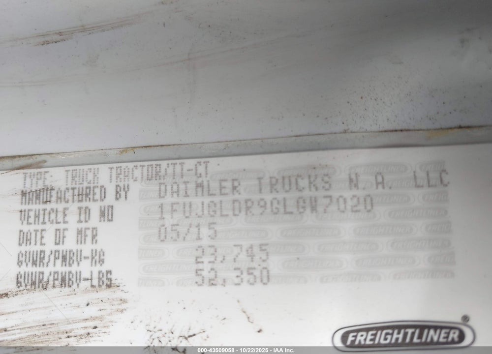2016 FREIGHTLINER CASCADIA 125 VIN: 1FUJGLDR9GLGW7020