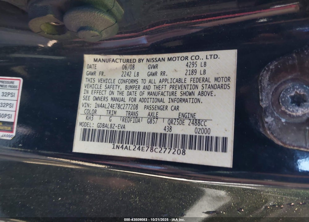 2008 NISSAN ALTIMA 2.5 S VIN: 1N4AL24E78C277208