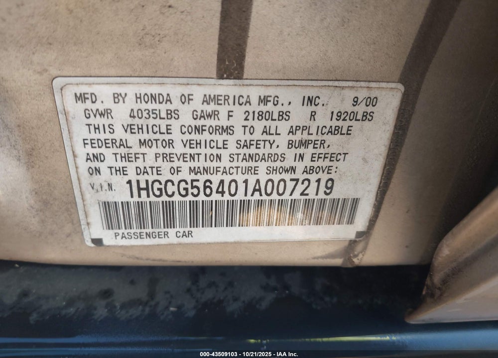 2001 HONDA ACCORD VIN: 1HGCG56401A007219