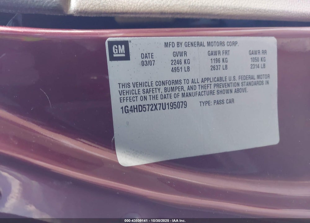 2007 BUICK LUCERNE CXL VIN: 1G4HD572X7U195079