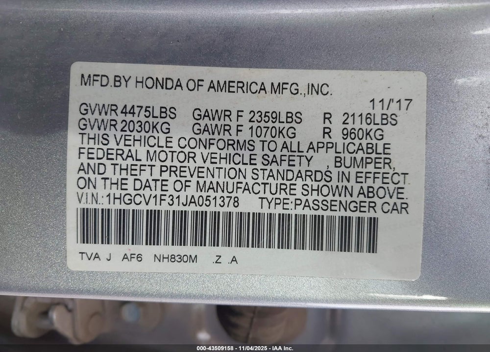 2018 HONDA ACCORD SPORT VIN: 1HGCV1F31JA051378