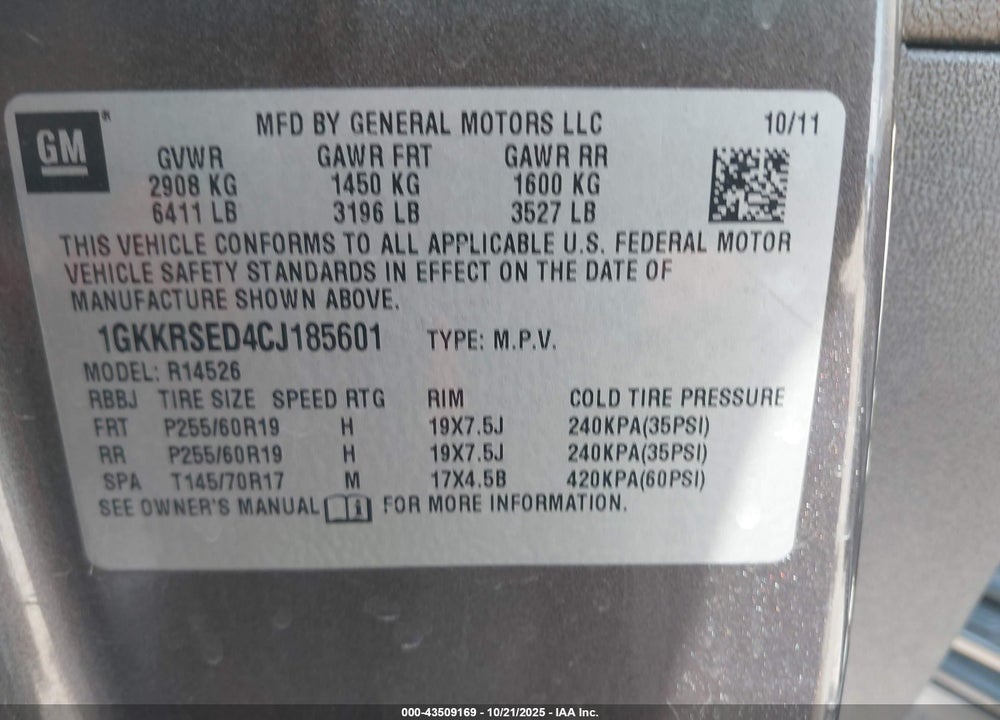 2012 GMC ACADIA VIN: 1GKKRSED4CJ185601