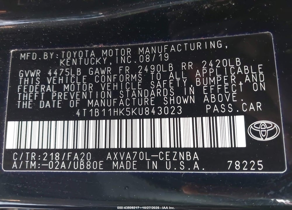 2019 TOYOTA CAMRY LE VIN: 4T1B11HK5KU843023
