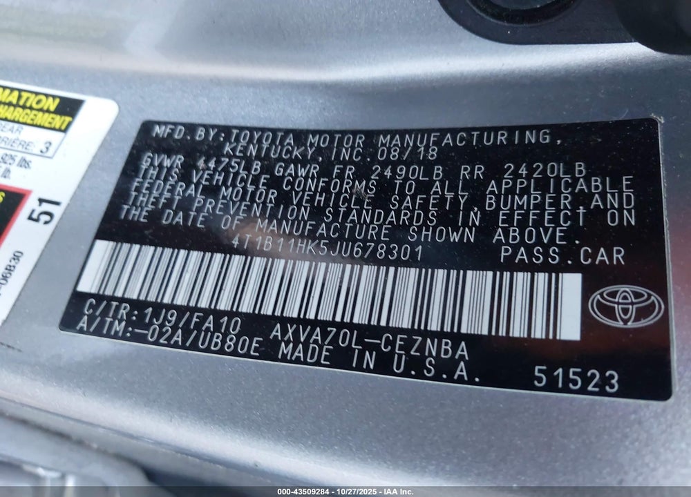 2018 TOYOTA CAMRY VIN: 4T1B11HK5JU678301