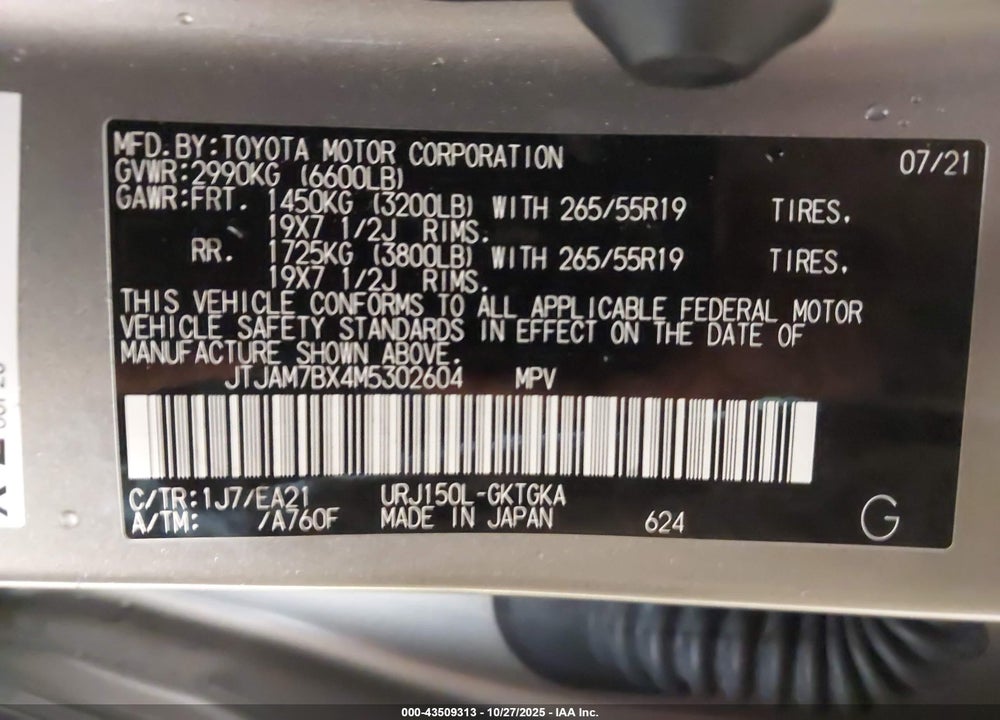 2021 LEXUS GX 460 VIN: JTJAM7BX4M5302604