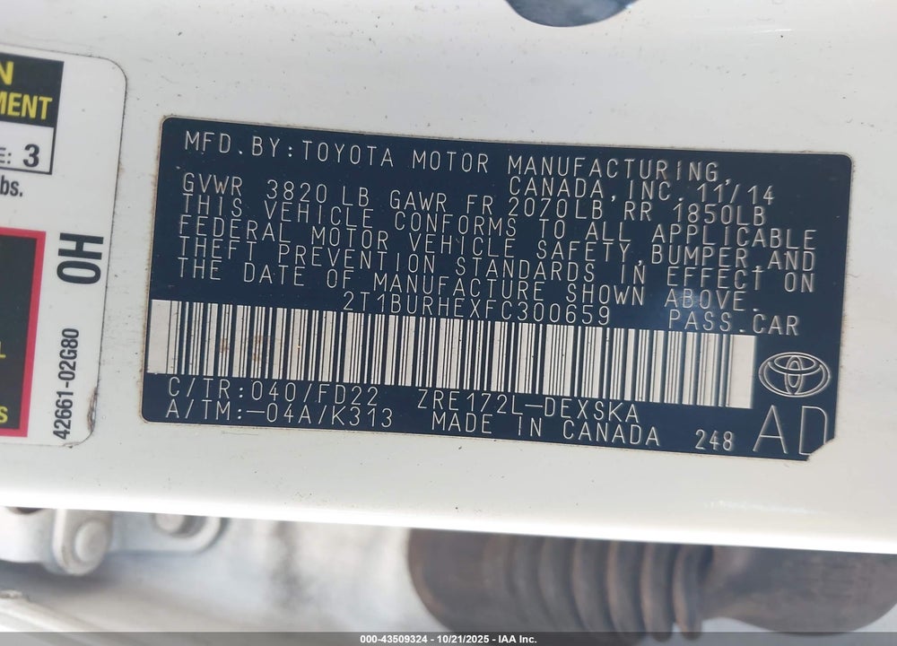 2015 TOYOTA COROLLA S PLUS VIN: 2T1BURHEXFC300659