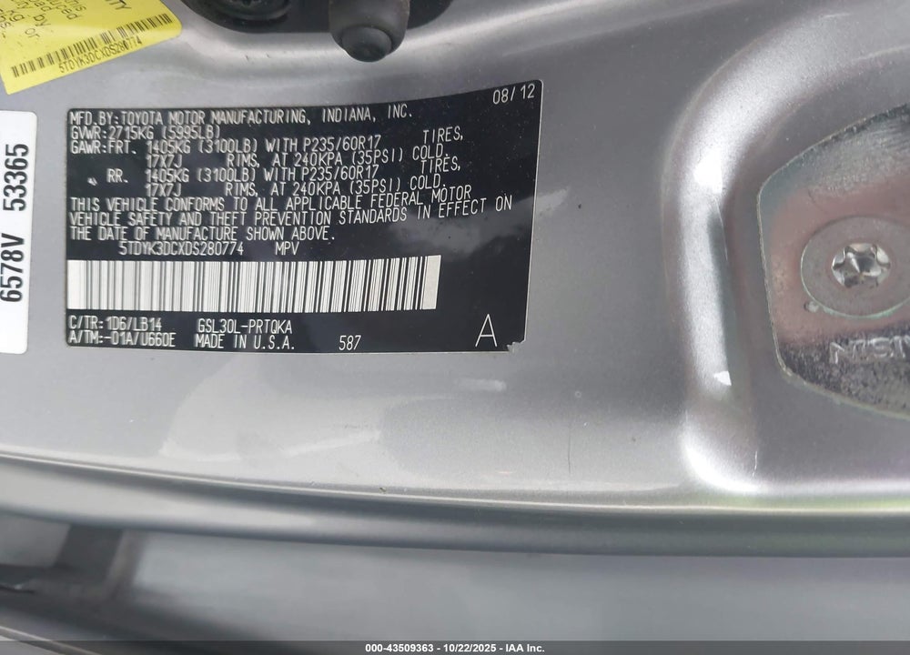 2013 TOYOTA SIENNA XLE V6 8 PASSENGER VIN: 5TDYK3DCXDS280774