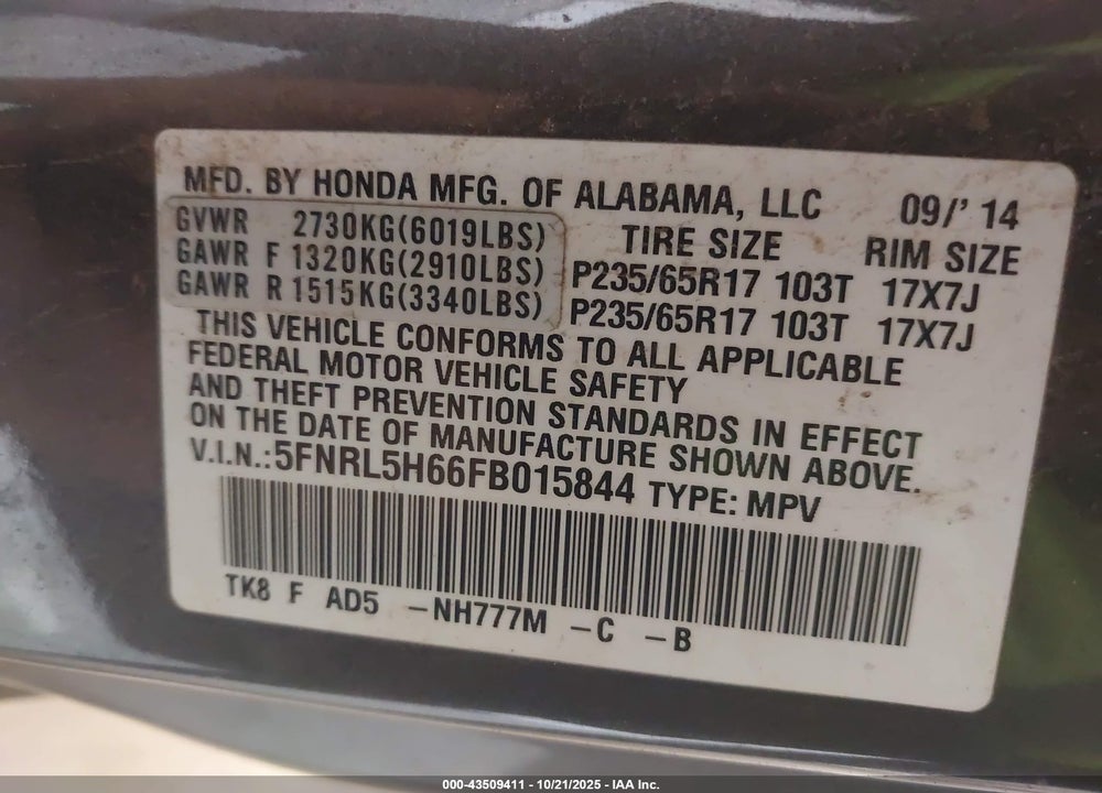 2015 HONDA ODYSSEY EX-L VIN: 5FNRL5H66FB015844